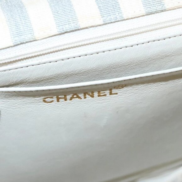 CHANEL Striped Matelasse Chain Shoulder Bag Canvas White Gray CC Auth 110304AV - Picture 14 of 16